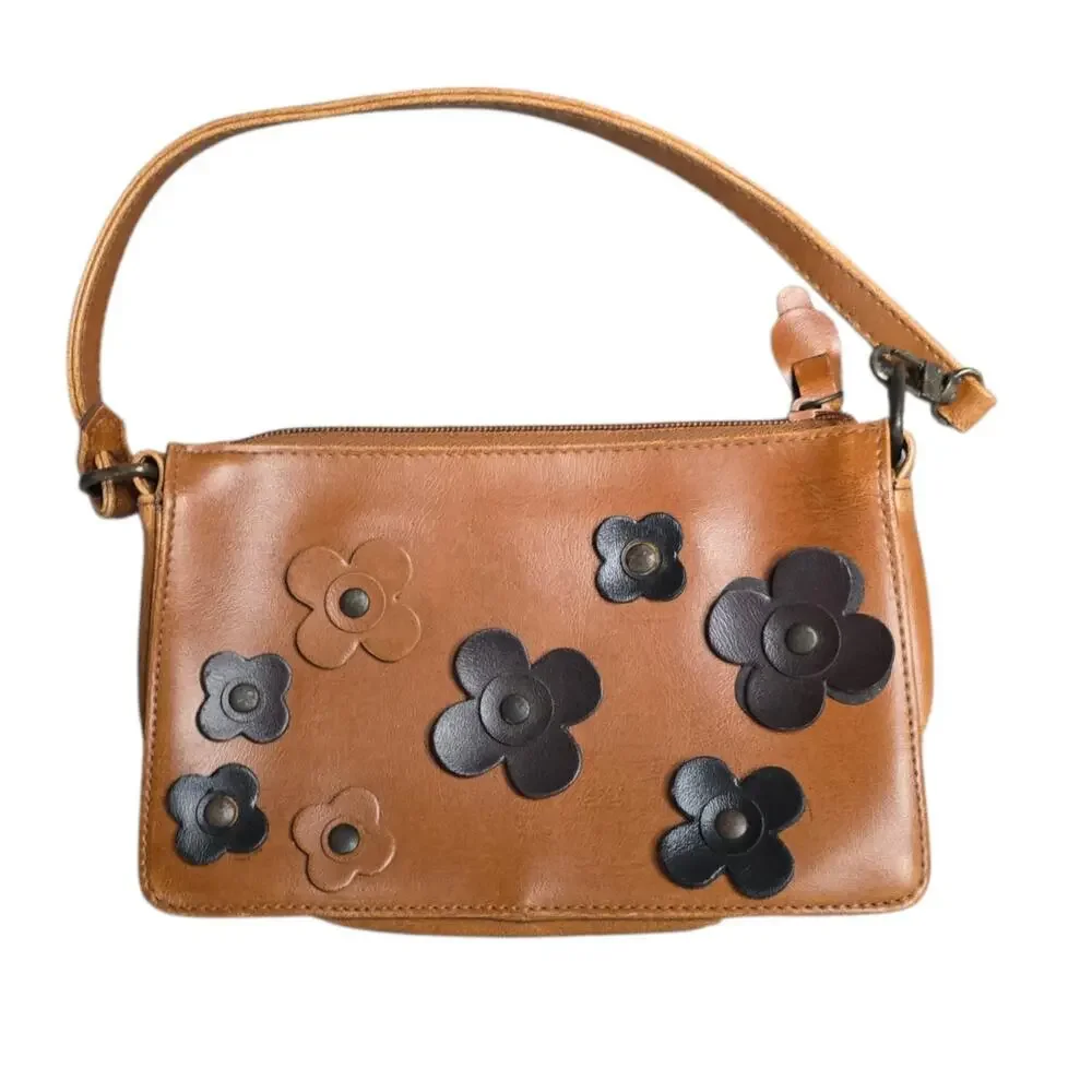 Y2K Far Nine Leather Flower Appliqué Shoulder Bag Small Tan Boho Purse Mini